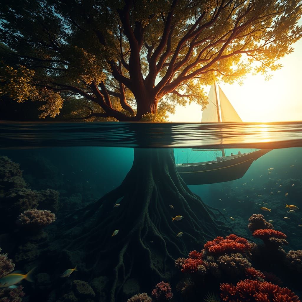 Mystical Split-Frame Composition: Underwater World Meets Eth...