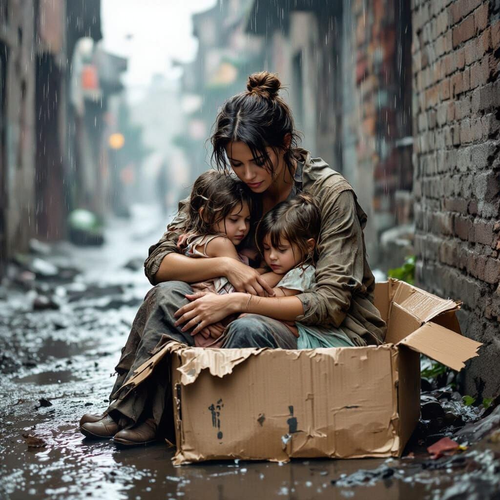 Mother and Daughters in Storm, Somber Realism