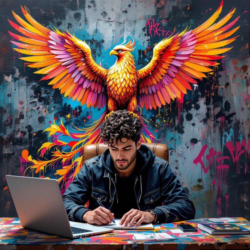 Young Man Works in Office with Majestic Phoenix