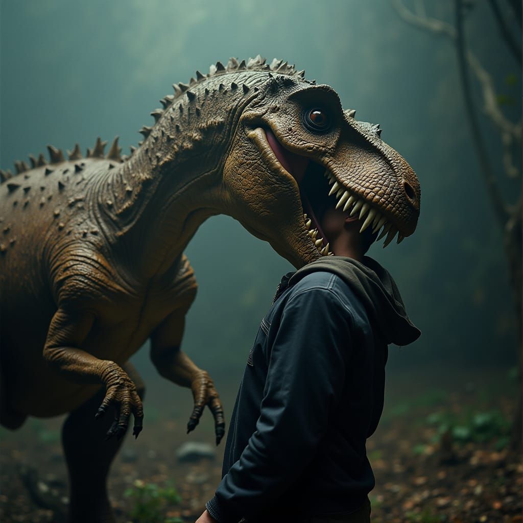 Spinosauras-Rex Hybrid Devouring Human: Cinematic Creature