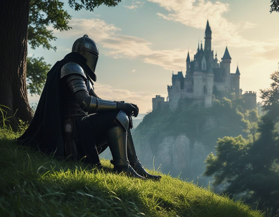 Dark Fantasy Knight Contemplates Medieval Castle