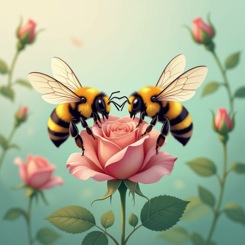 Minimalist Bees Form Heart Over Rose in Art Nouveau Style