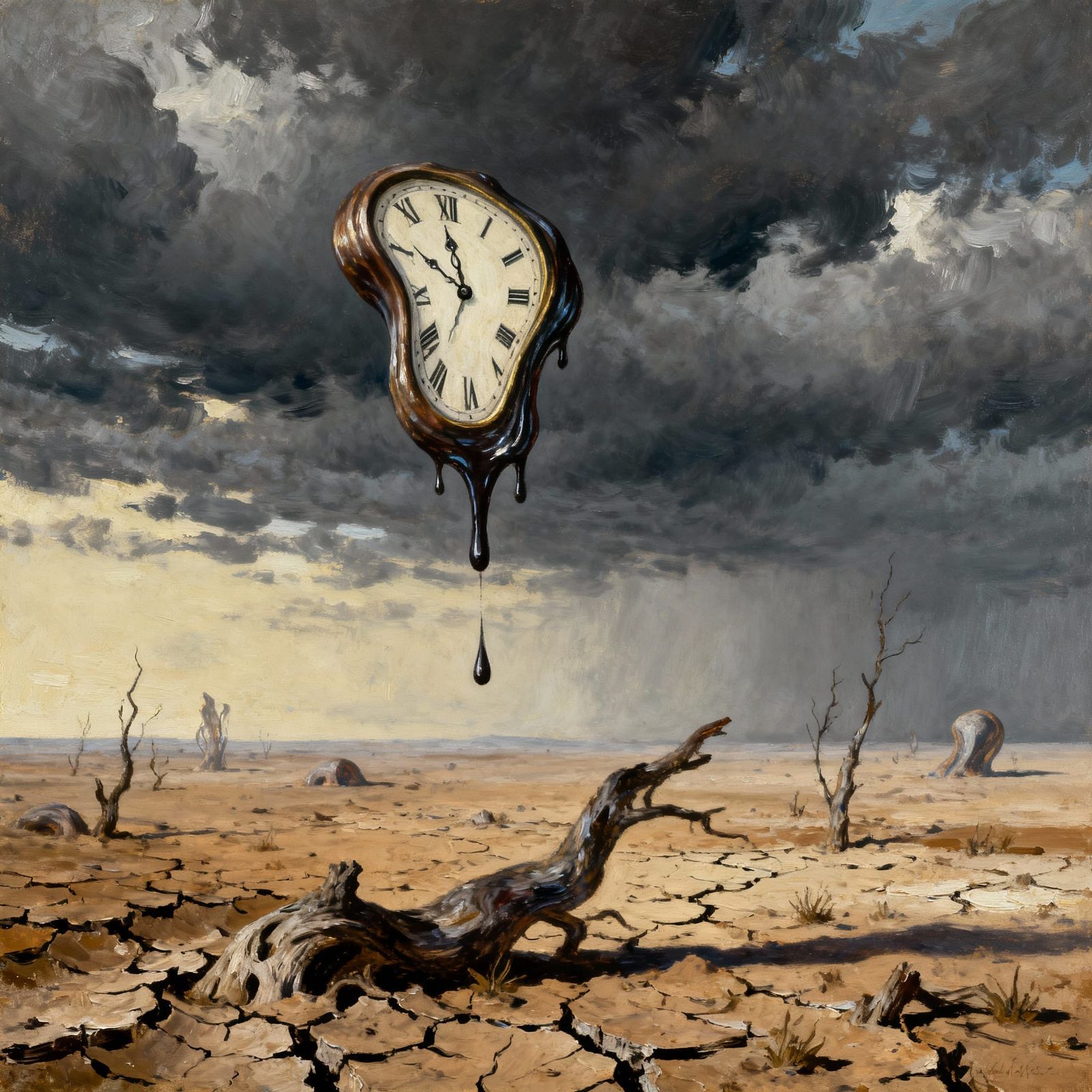 Surreal Melting Clock in Desolate Landscape as Impasto Oil P...