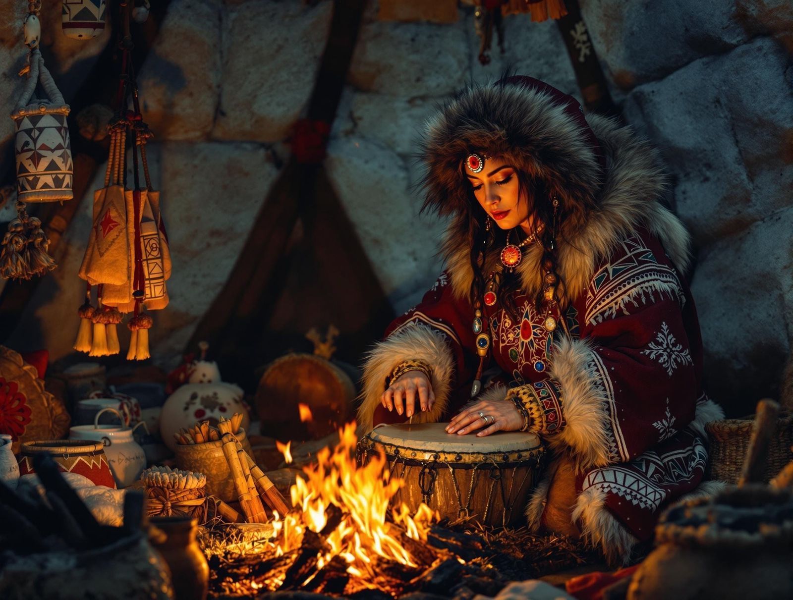 Inuit Woman Drums by Warm Fire in Cozy Igloo Scene
