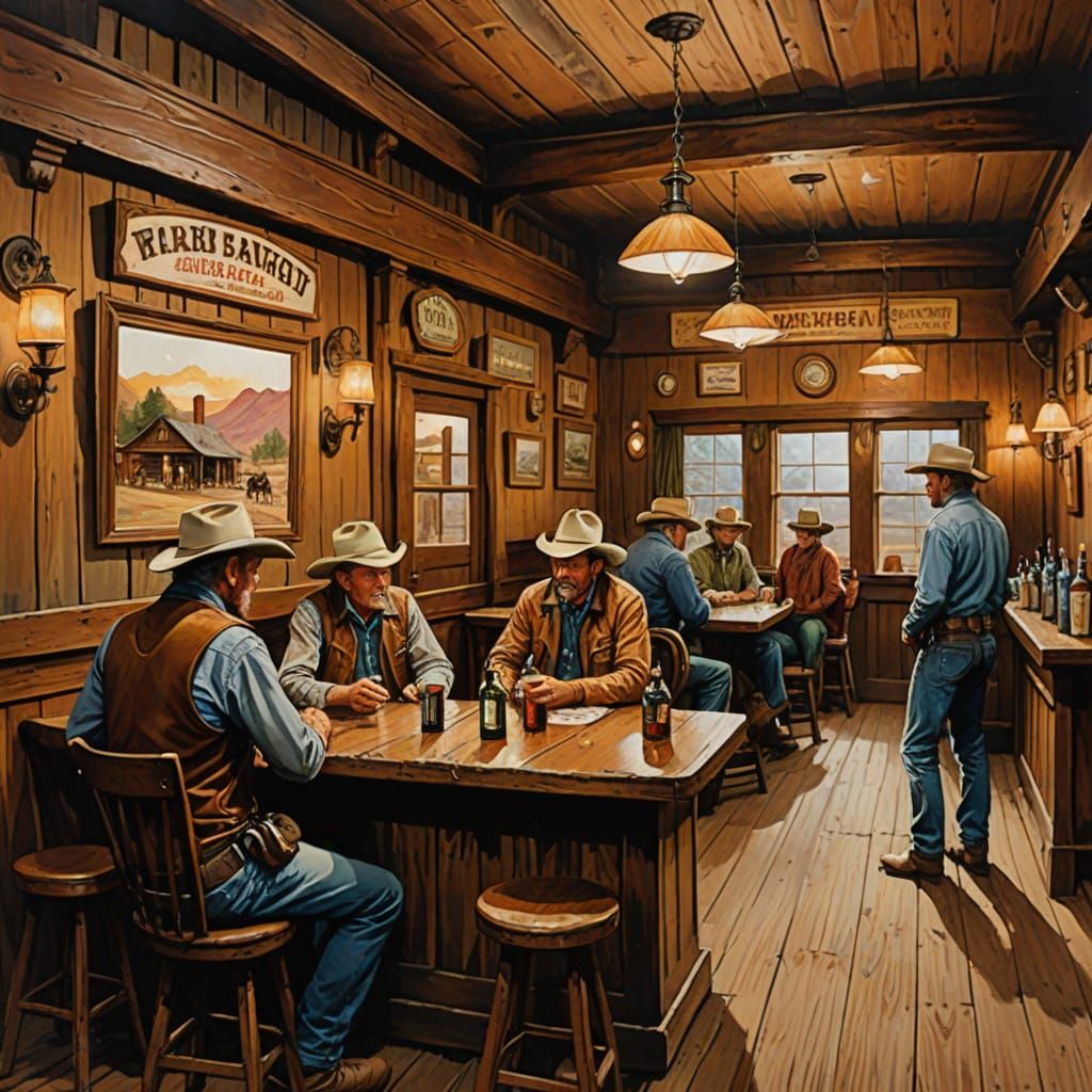 Long Branch Saloon Interior in Warm Gouache Painting Style