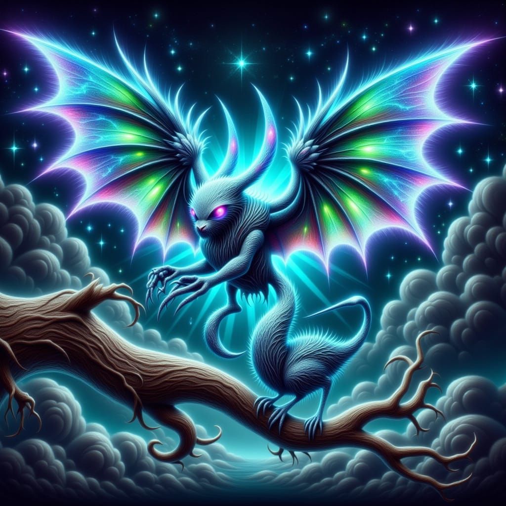 Ethereal Winged Bat in Neon-Lit Arcadia