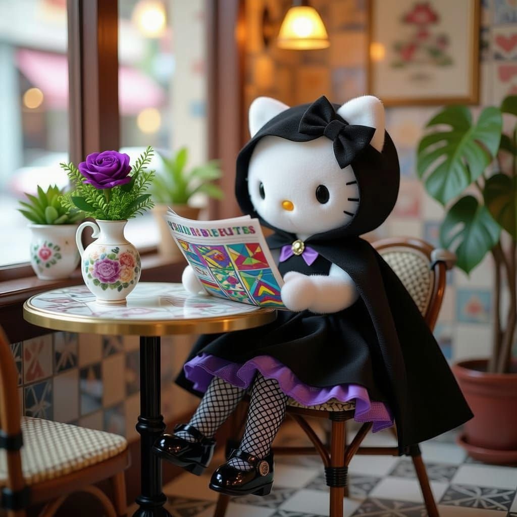 Hello Kitty as Kawaii Doll in Cafe Reading the Funny Pages