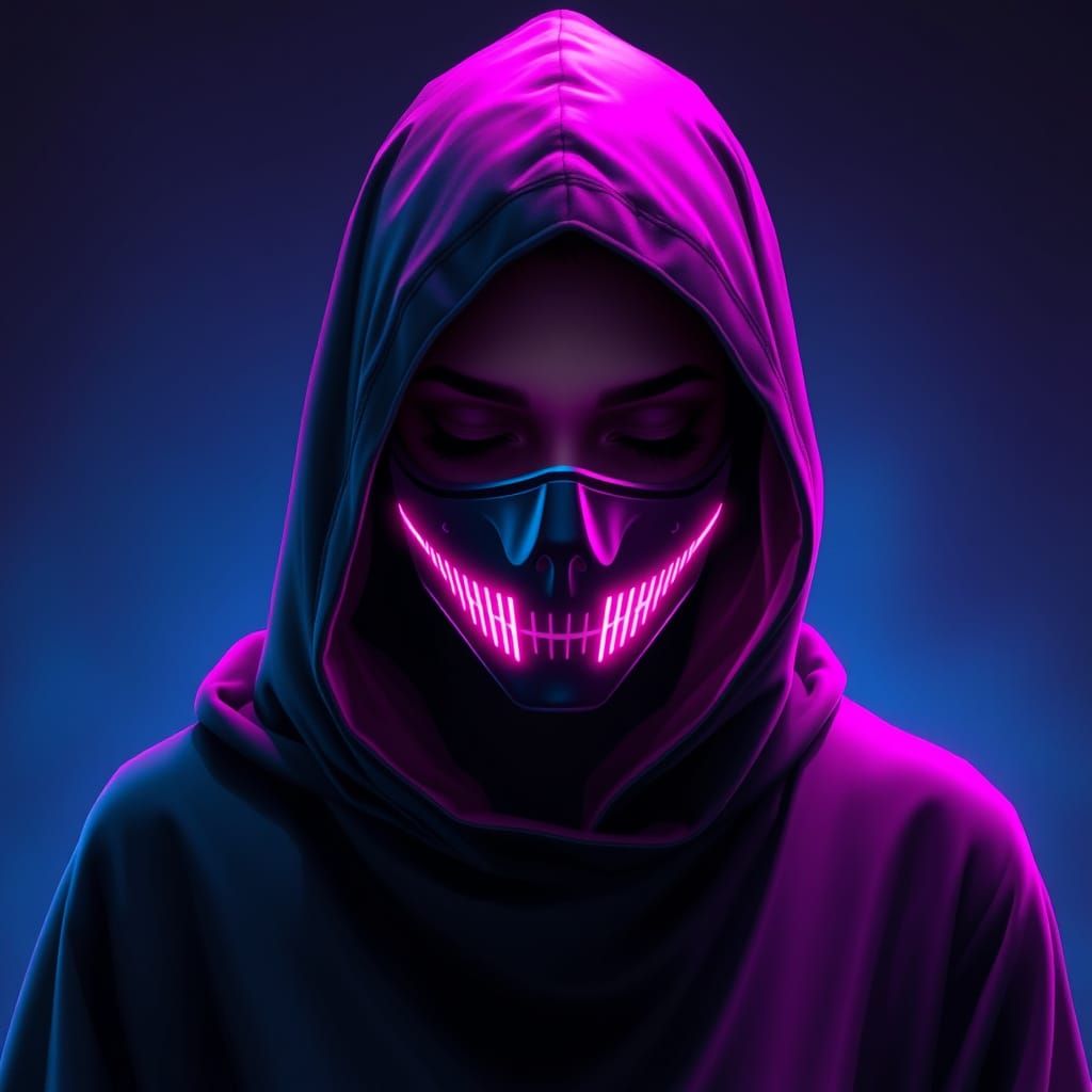 Cyberpunk Hooded Figure with Magenta Mask