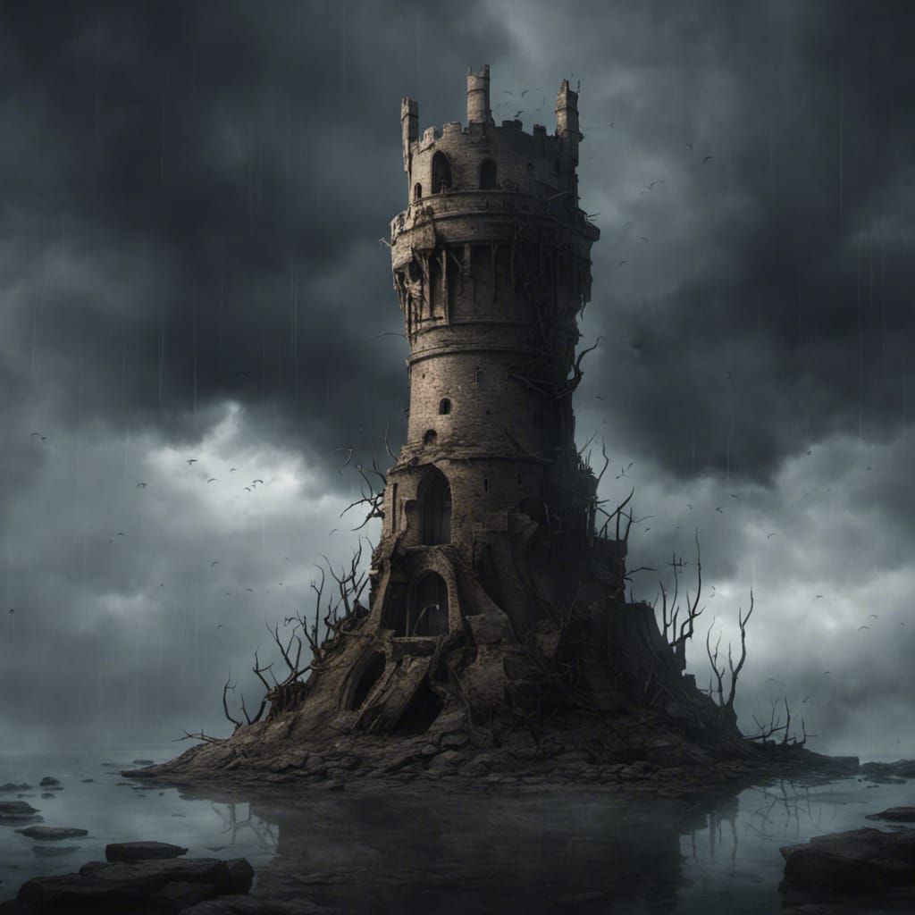 Floating Wizard Tower Under Dark Skies