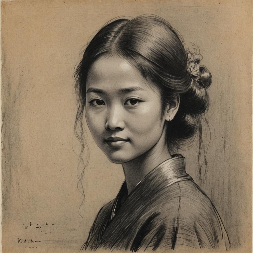 Asian Woman Portrait in Charcoal Drawing Style