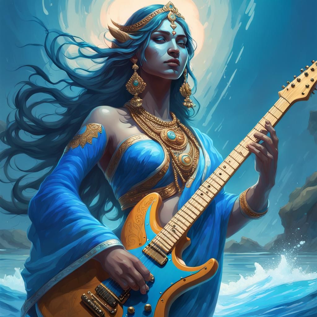Blue Hindu Goddess with Guitar, Hyperdetailed Splash Art