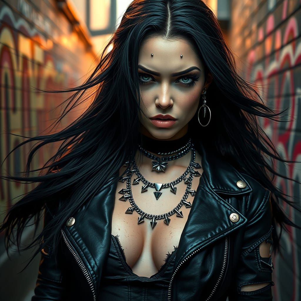 Punk Woman with Piercings in Grungy Alleyway
