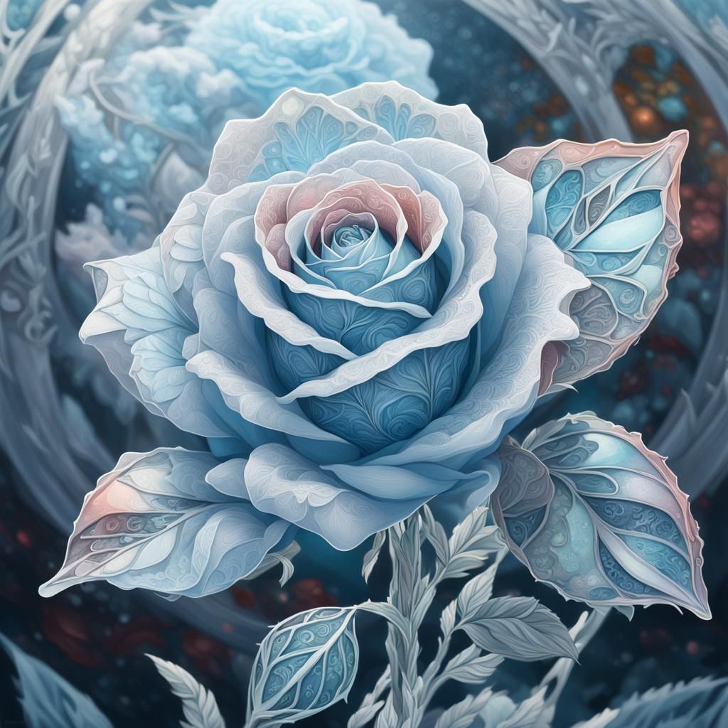 Icy Woman Holding Frozen Rose in Ornate Style