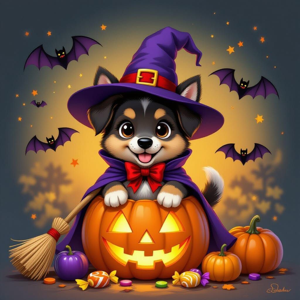 German Shepherd Puppy as Witch in Pumpkin Illustration