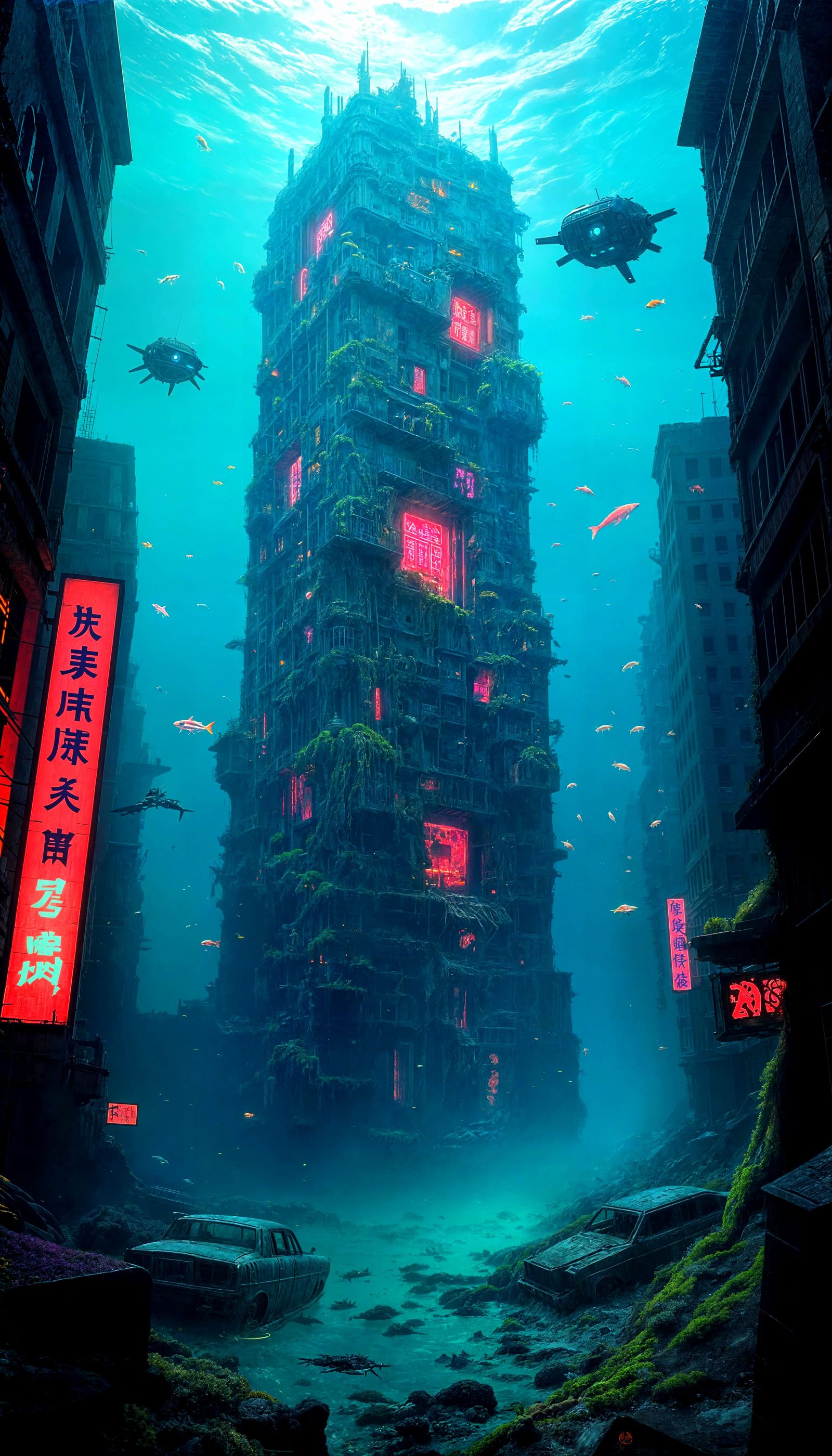 Drowned City: Coral Skyscrapers in Cyberpunk Style