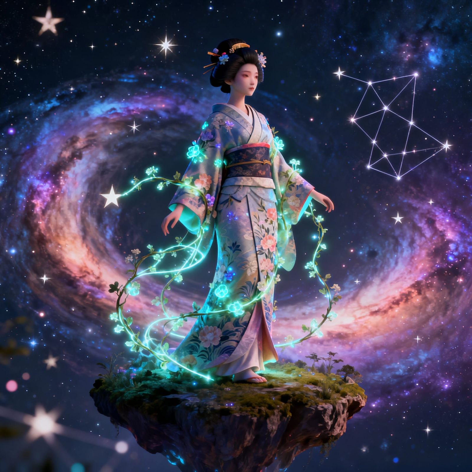 An ethereal Geisha, adorned in a kimono woven with bioluminescent flora, stands on a floating island amidst a nebula. St...