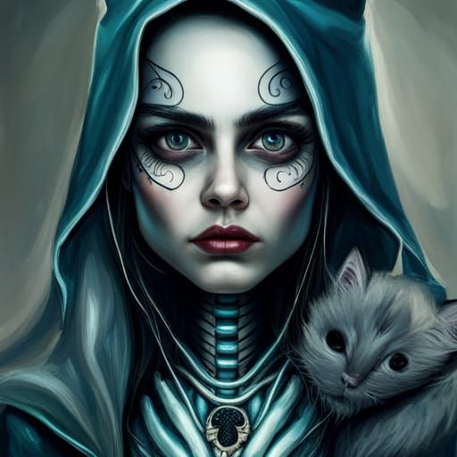 Cute Skeleton Witch with Black Cat, Digital Art