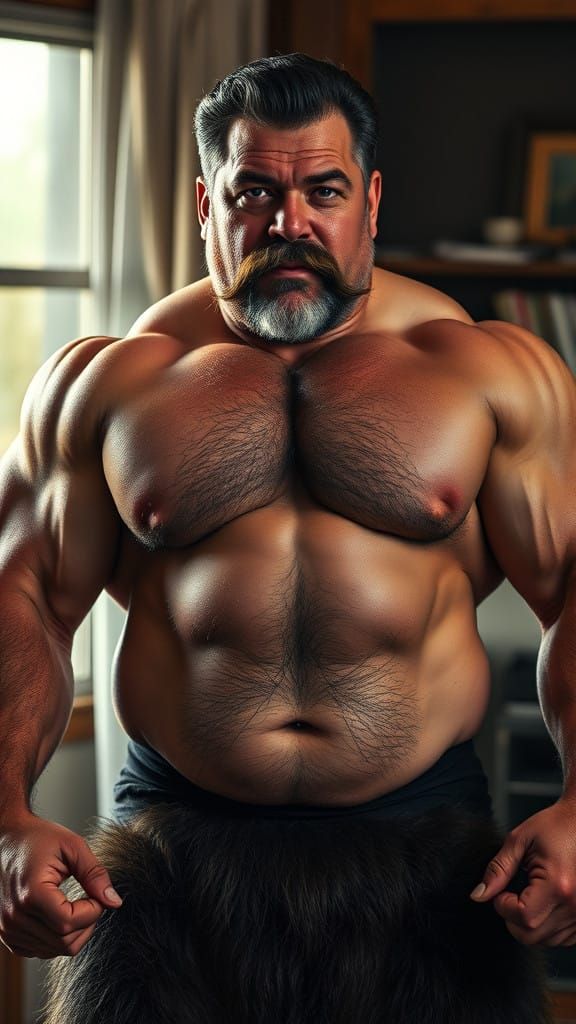 Rugged Powerlifter with Thick Moustache and Extremely Hairy...