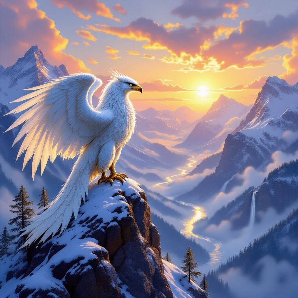 Griffin Overlooking Misty Valley in Classical Realism Style