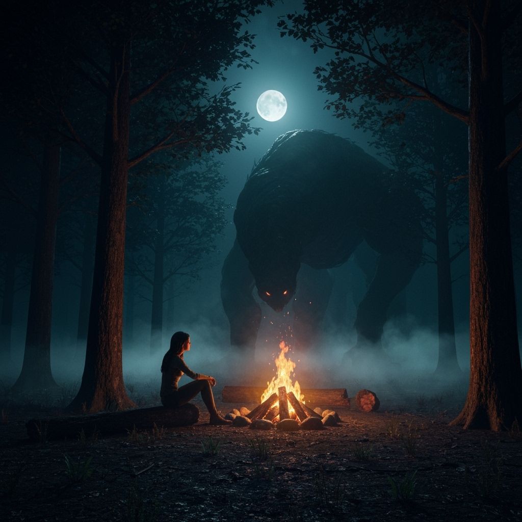 Eerie Forest Campfire Scene with Lurking Creature