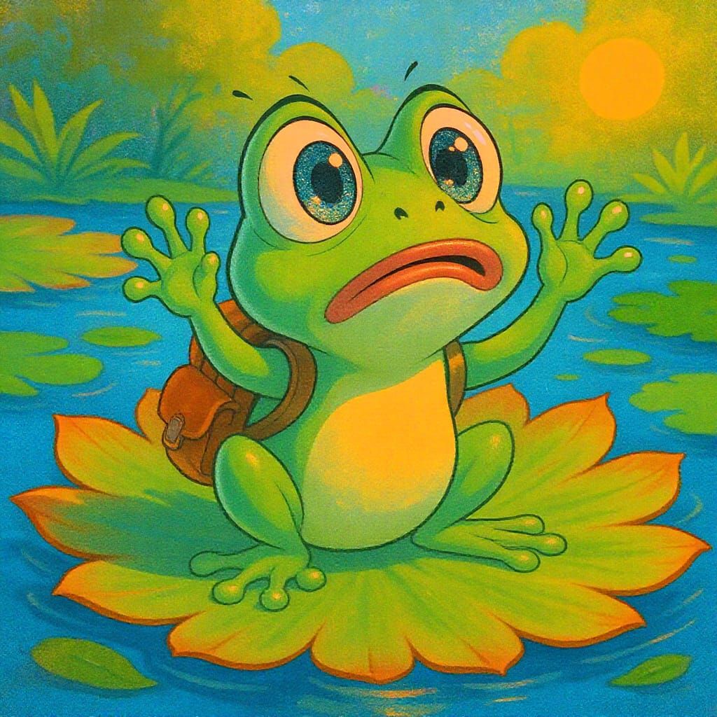 Shocked Cartoon Frog on Lily Pad in Disney Style