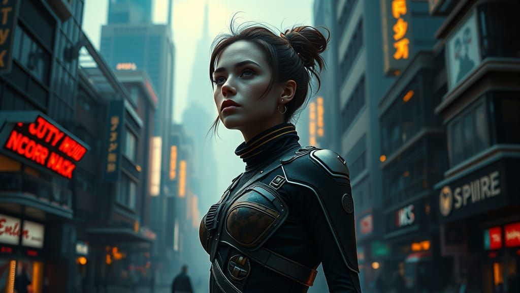 Pensive Woman in Dystopian Cityscape, Sci-Fi Realism