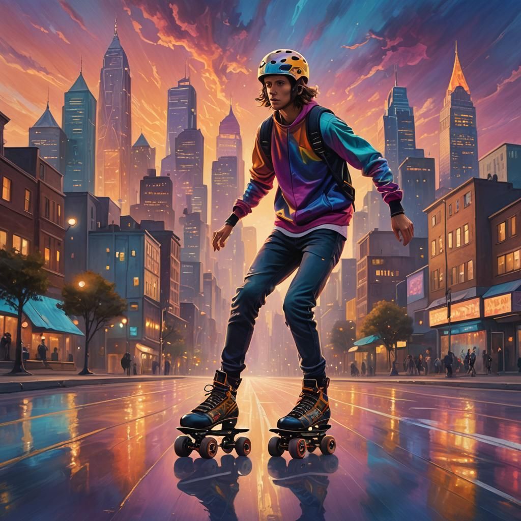 Mystical Roller Skater in Dreamlike Cityscape