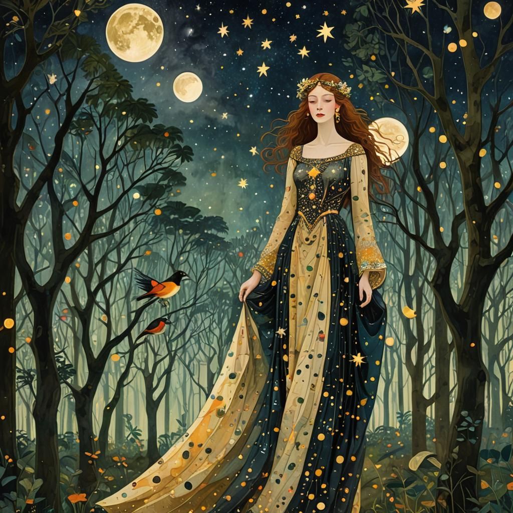 Goddess in Amazonian Forest, Klimt-Inspired Symbolic Art