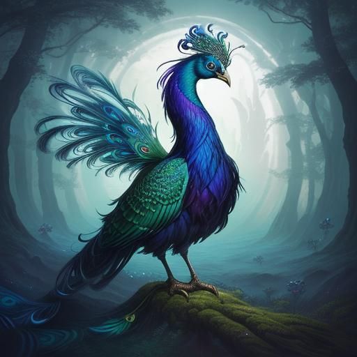 Majestic Peacock Phoenix Hybrid in Dreamy Forest