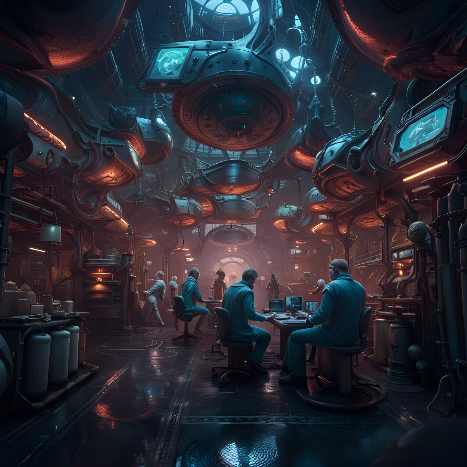 Cloning Station with Scientists: Fantasy Concept Art
