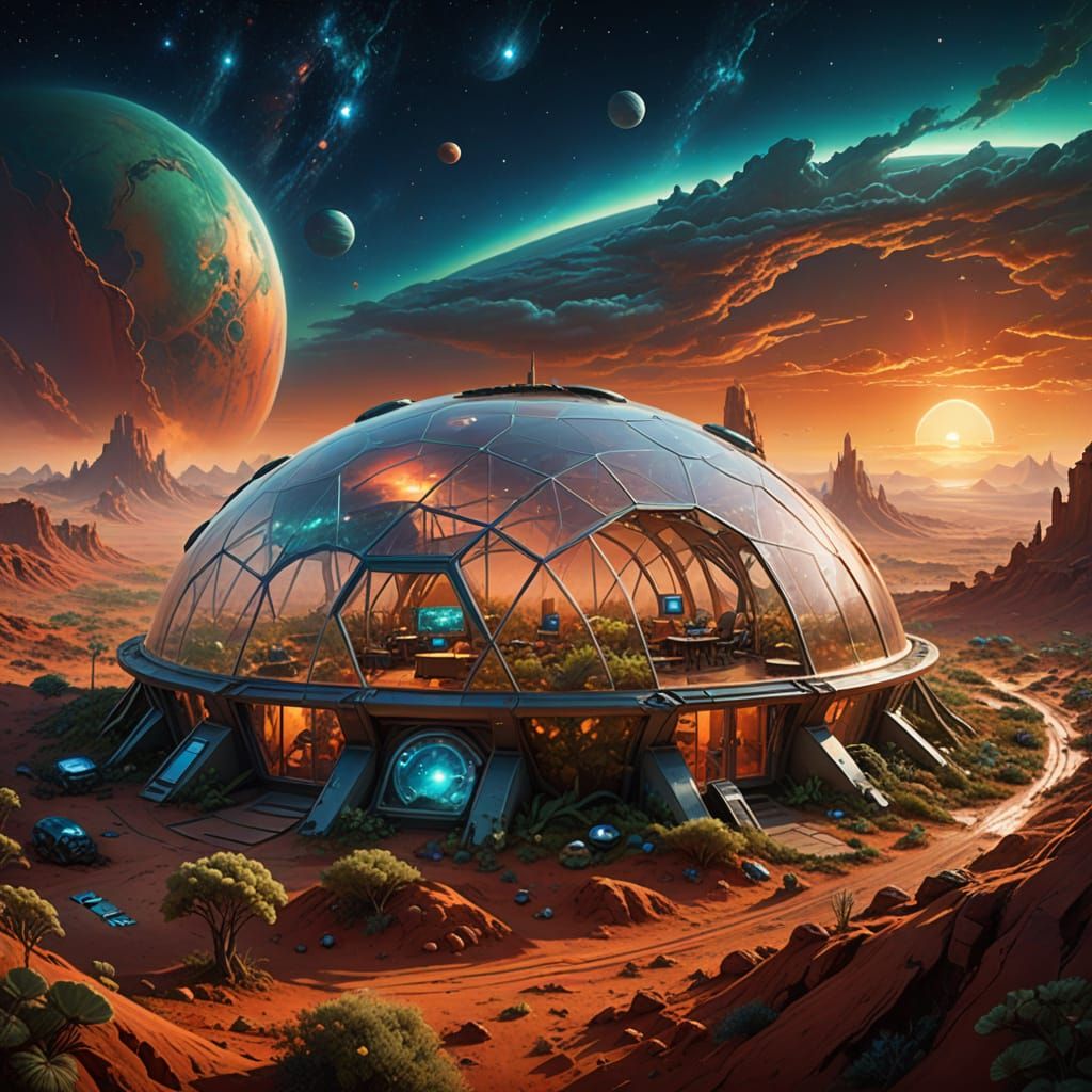 Mars Biodome Sunset in Vibrant Solar Punk Style