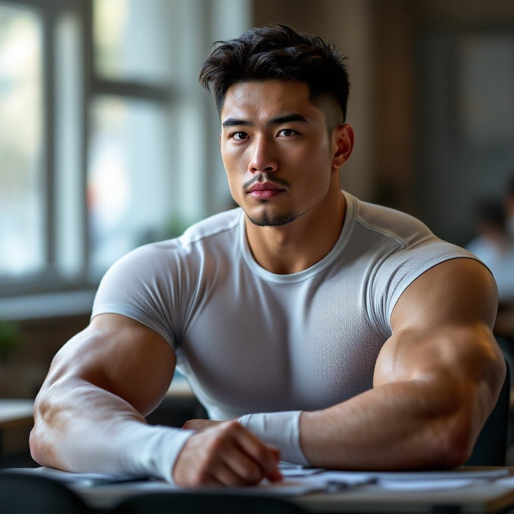 Incredibly athletic Asian college jock with giant muscles sitting in class wearing semi-transparent white compression sh...