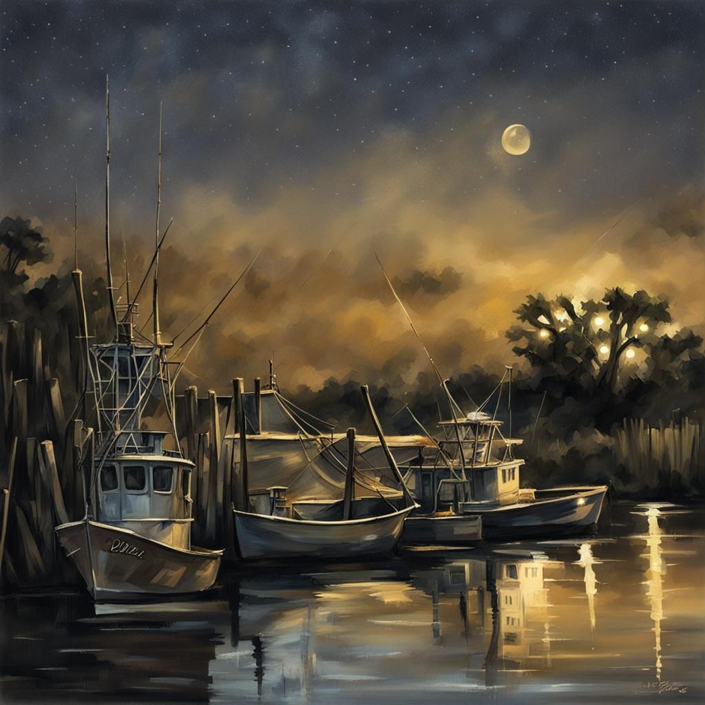 Bayou at Night with Fishing Boats