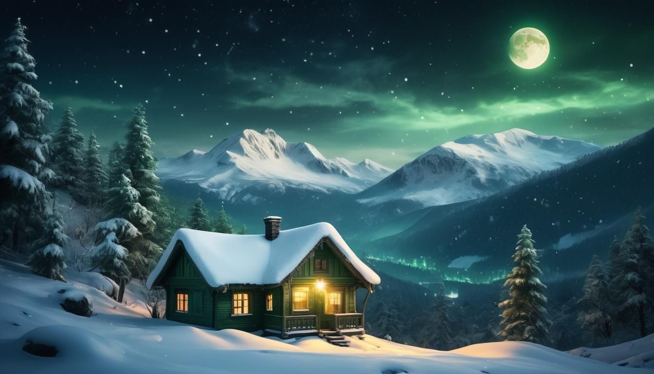 Winter Cottage Under Starry Fantasy Night