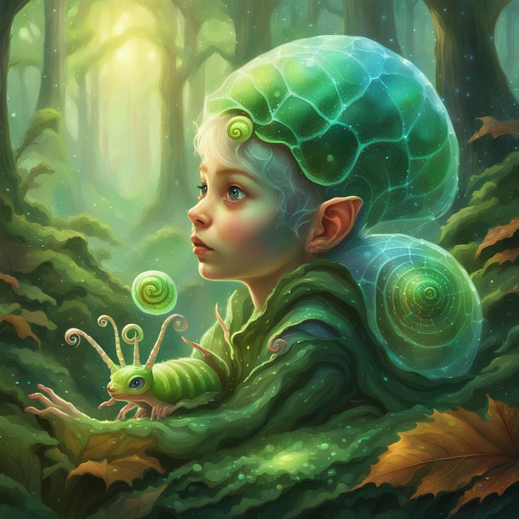 Baby Elf Rides Iridescent Snail: Fantasy Art