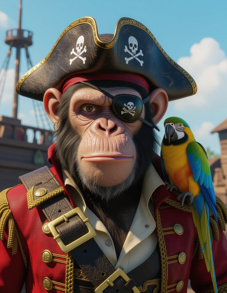 Chimpanzee Pirate King with Macaw: Pixar Movie Still