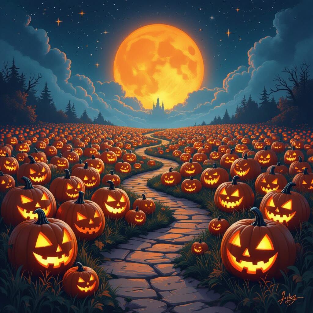 Haunted Jack-o'-Lantern Field at Night