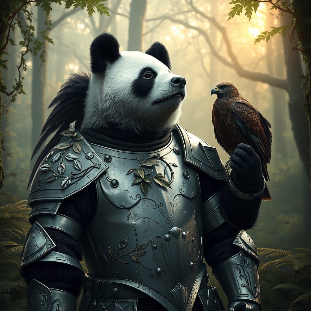 Mystical Panda Knight in Silver Armor Amidst a Misty Forest
