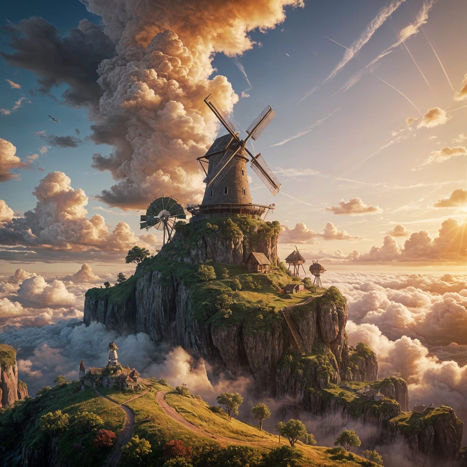 Floating Island With Windmill at Sunset: Anime Style