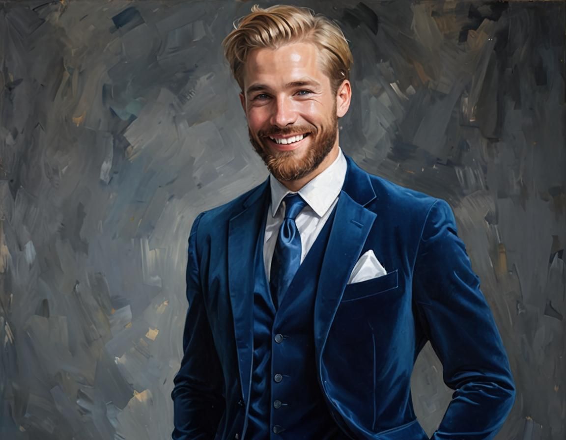 Smiling Blond Man in Blue Velvet Suit, Impressionist Portrai...