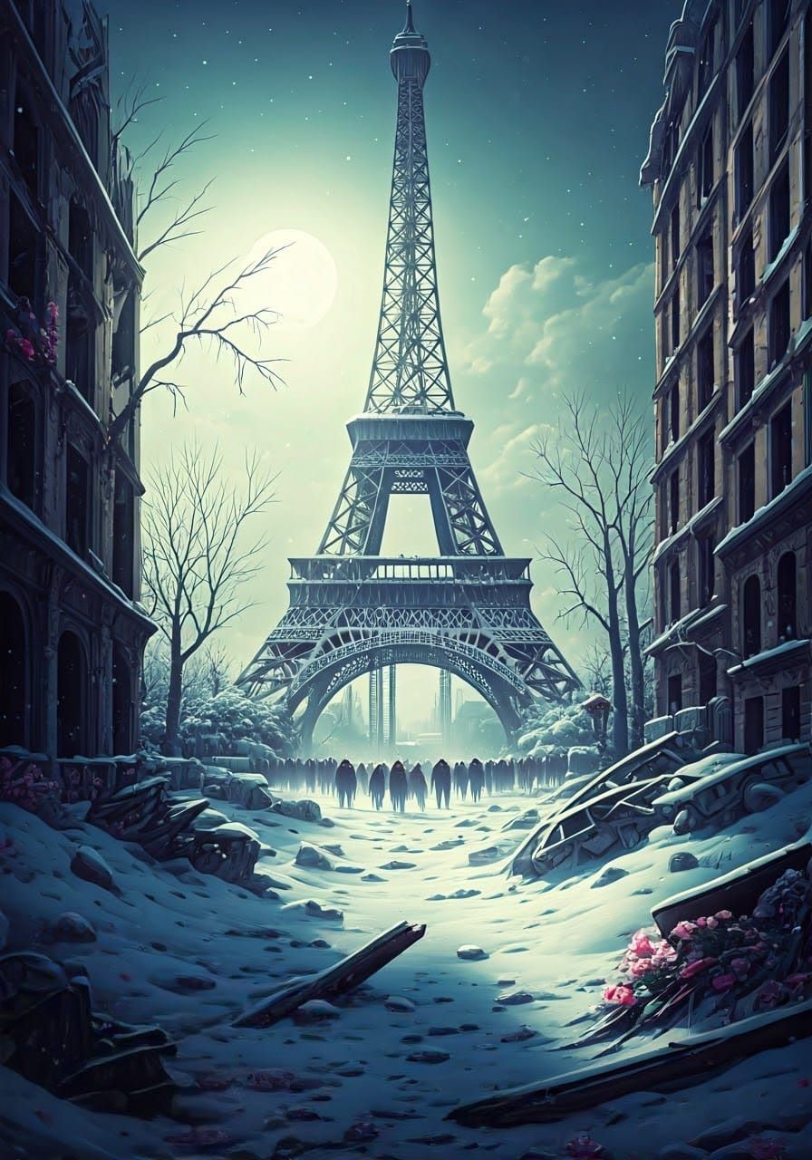 Ethereal Apocalypse: Paris Under Winter's Spell by Moonlight
