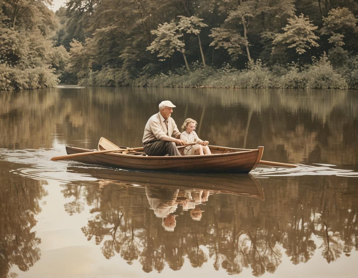 Grandfather and Girl in Rowing Boat Illustration