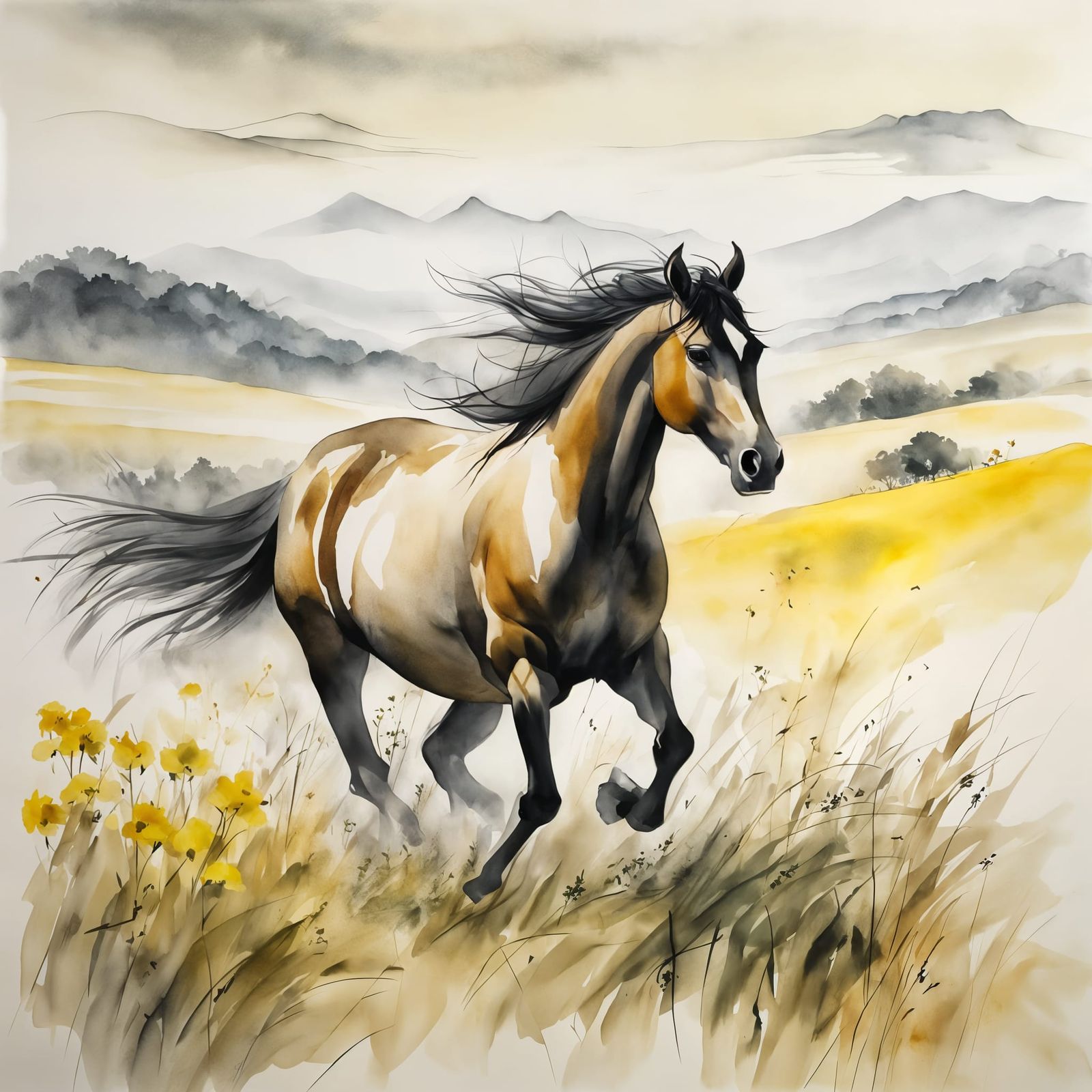 Wild Horse Gallops Across Golden Grassland in Watercolor