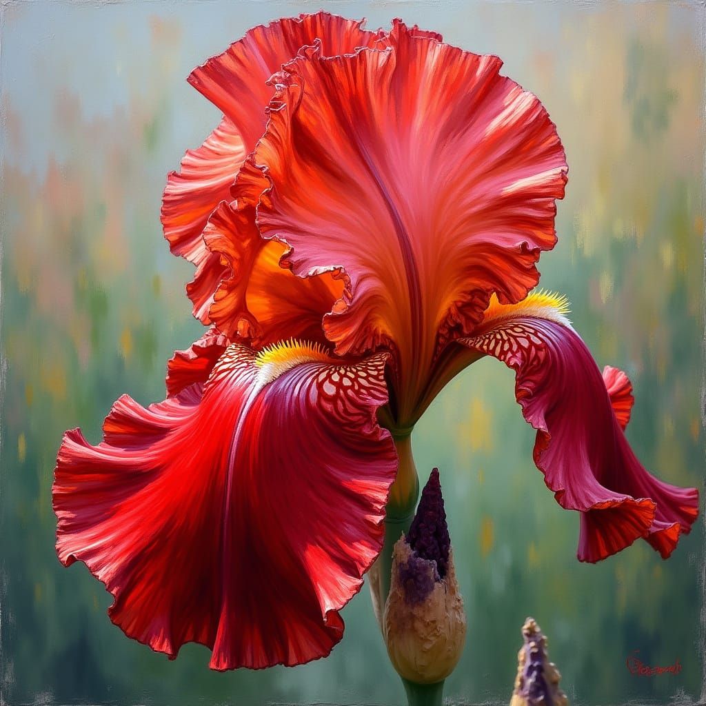 Vibrant Red Bearded Iris Oil Painting