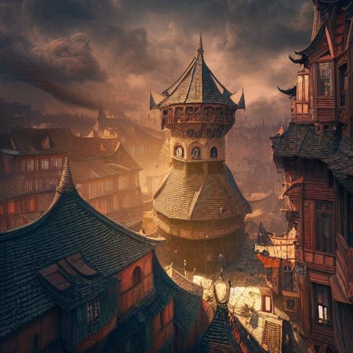 Detailed Medieval Town Top View in Fantasy Art Style