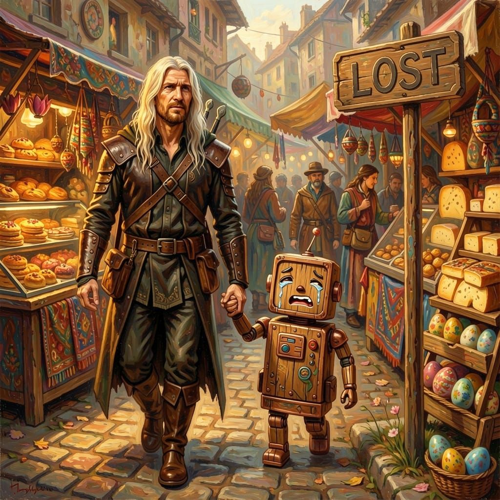 Man and Crying Robot Seek Lost Sign in Vibrant Marketplace