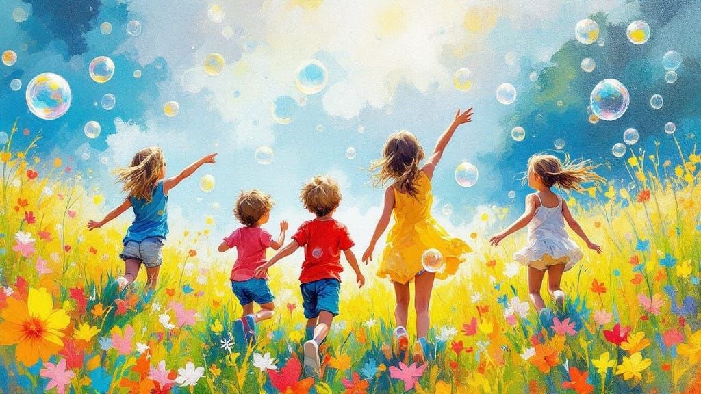 Children Chasing Bubbles in a Vibrant Summer Meadow