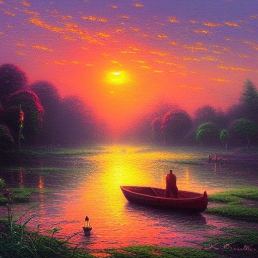 Magical Sunset: Boat on Lonely River