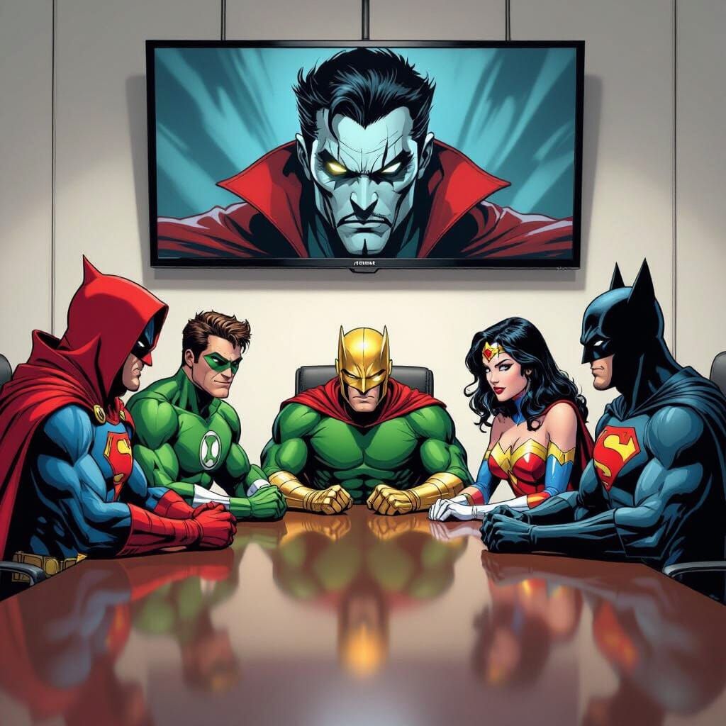 Superheroes Meeting with Asian Villain, Comic Book Style