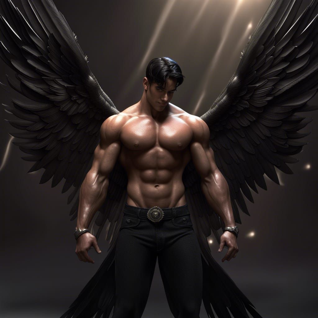Handsome Angel Bodybuilder with Black Wings